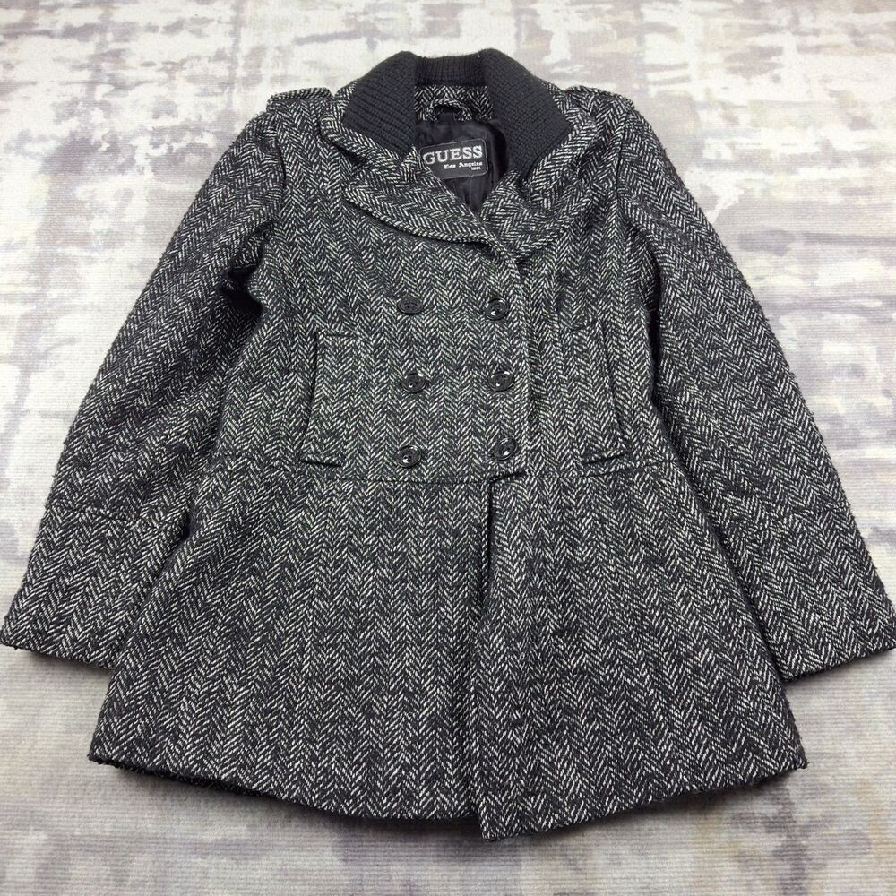 Guess Womens Double Breasted Herringbone Peacoat Jacket Medium M Black White...